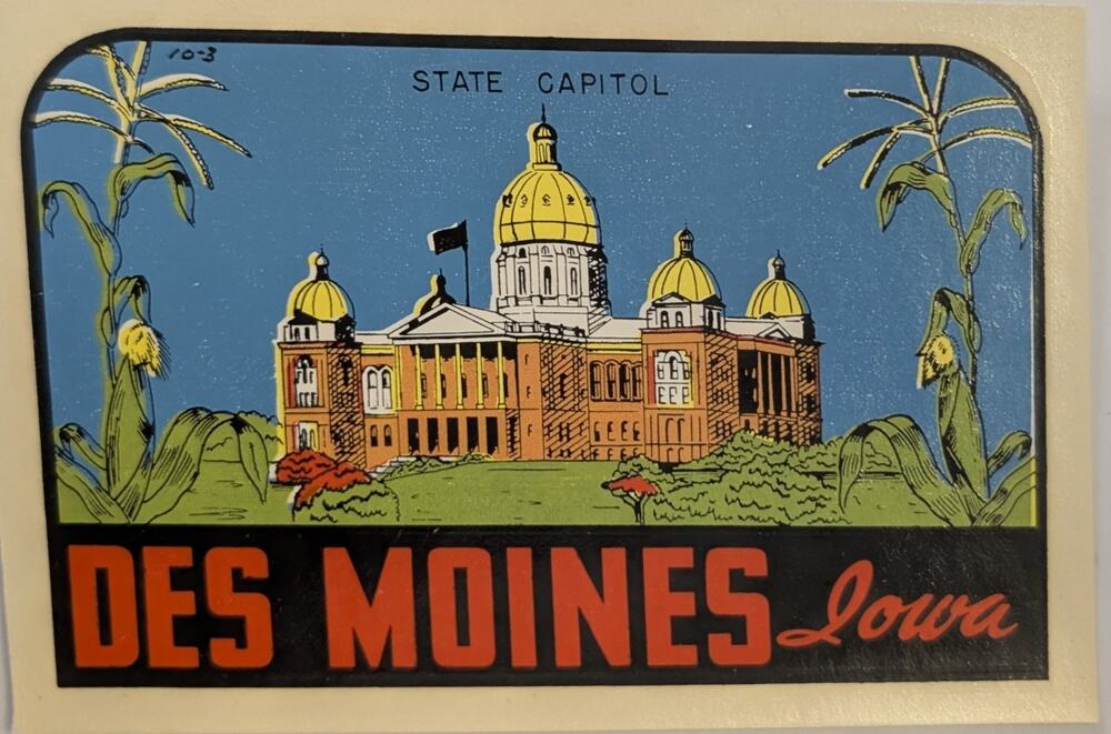 Vintage Des Moines Iowa State Capitol Water Decal Unused Travel Souvenir